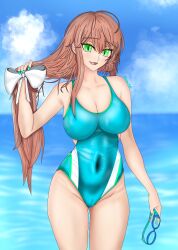 1girls artist_name big_breasts breasts brown_hair busty cameltoe cleavage covered_navel doki_doki_literature_club female female_only goggles green_eyes highres large_breasts looking_at_viewer monika_(doki_doki_literature_club) one-piece_swimsuit open_mouth smile solo swimsuit synnkeh thighs water