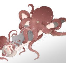 absurdres ambiguous_penetration black_dress blue_eyes cephalopod co2death covered_penetration cunnilingus dress female fine_art_parody grey_hair highres implied_penetration implied_sex kneehighs love_live! love_live!_superstar!! missionary_position nipple_tweak octopodiform octopus on_back oral parody restrained sex_under_clothes sex_under_dress socks tang_keke tentacle tentacle_under_dress tentacles_under_clothes the_dream_of_the_fisherman's_wife translation_request wet zoophilia