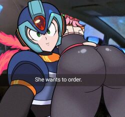 1boy 1girls ass ass_focus big_ass bubble_ass bubble_butt he_wants_to_order mega_man mega_man_x meme nana_(mega_man) sega snapchat x_(mega_man) zuckforced_(artist)