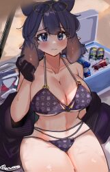 1girls alternate_breast_size aurwoora_(jellen_aura) beach beach_towel beach_umbrella beauty_mark bikini bikini_bottom bikini_top blush cooler embarrassed gloves hololive hololive_english hololive_myth large_breasts light-skinned_female light_skin ninomae_ina'nis outside purple_eyes purple_hair sand sunglasses sunglasses_on_head sweat sweatdrop swimsuit thick_thighs virtual_youtuber