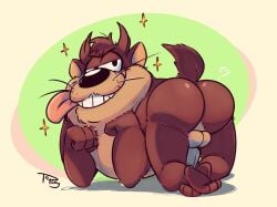 1boy anthro ass ass_focus balls bent_over big_tongue dasyurid dasyuromorph fur gay genitals hi_res looney_tunes male male_only mammal marsupial penis presenting raised_tail simple_background smile smooth_fur solo sparkles tasmanian_devil tasmanian_devil_(looney_tunes) teeth tongue tongue_out topony warner_brothers