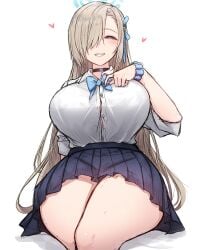 1girls asuna_(blue_archive) big_breasts blonde_hair blue_archive blush female_only hearts hourglass_figure huge_breasts large_breasts light-skinned_female light_skin long_hair looking_at_viewer looking_down looking_down_at_viewer low-angle_view millennium_science_school_student rikuguma school_uniform skirt smile smiling smirk solo tagme thick_thighs thighs uniform voluptuous wide_hips