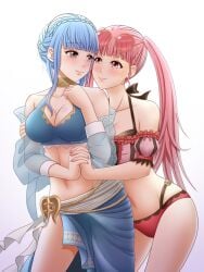 2girls alternate_costume amezuku bangs bare_midriff bare_thighs bikini blue_bikini blue_hair blue_nails blue_swimsuit breasts brown_eyes cleavage detached_sleeves female female_only fire_emblem fire_emblem:_three_houses fire_emblem_heroes hilda_valentine_goneril hilda_valentine_goneril_(summer) holding_hands large_breasts light_blue_hair long_hair looking_at_another marianne_von_edmund marianne_von_edmund_(summer) midriff multiple_girls nail_polish nintendo official_alternate_costume pink_bikini pink_eyes pink_hair pink_nails pink_swimsuit sarong see-through short_hair smile sunglasses sunglasses_on_head swimsuit thighs twintails very_long_hair yuri