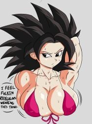 1girls armpits arms_behind_back bikini black_eyes black_hair breasts caulifla dialogue dragon_ball dragon_ball_super english_text huge_breasts jiggle lewdyartz micro_bikini muscular muscular_female nipple_bulge saiyan seductive sweat swimsuit text