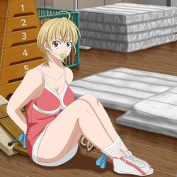 arms_tied_behind_back baby_steps ball_gag blonde_hair bondage bound_ankles bound_wrists brown_eyes female gag gagged jump_rope pikname45 rope_bondage takasaki_natsu tennis_ball