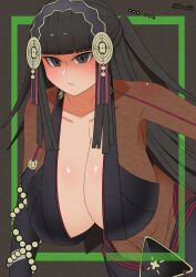 ... 1girls alternate_version_available armpits bangs black_background black_eyes black_hair bodystocking breasts cleavage deep_cleavage female female_only fire_emblem fire_emblem_fates huge_breasts long_hair looking_at_viewer midriff nintendo pibu rhajat_(fire_emblem) simple_background solo