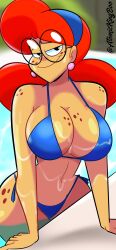 1girls atomickingboo big_breasts bikini bikini_bottom bikini_top breasts cleavage ear_piercing earrings female female_only freckles glasses hips legs long_hair looking_at_viewer nerd original original_character piercing red_hair solo swimsuit terra_mandrile thick thick_legs thick_thighs thighs upper_body voluptuous watermark wide_hips