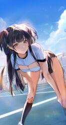 1girls athletic athletic_female bent_over black_hair black_socks breasts brown_eyes cleavage cleavage_cutout dolphin_shorts female gym_uniform hands_on_knees idolmaster idolmaster_shiny_colors knee_socks kneehighs kneesocks leaning leaning_forward light-skinned_female light_skin looking_at_viewer mayuzumi_fuyuko medium_breasts milin_(orange_maru) orange_maru outdoors outside pose posing short_shorts shorts smile socks solo sportswear standing sweat thighs