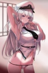 1girls arm_up azur_lane big_breasts black_tie blush breasts effort_star enterprise_(azur_lane) female female_only long_hair looking_at_viewer nipples panties purple_eyes shirt solo sunlight thighs tie underwear white_hair window