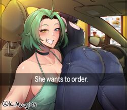 2girls ass ass_focus ass_up big_breasts bubble_ass bubble_butt character_request clothing copyright_request female he_wants_to_order kimouji meme selfie snapchat tight_clothing yuri