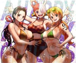 3girls ass big_breasts bikini black_hair blush bra breasts busty cleavage curvy didd_ley female female_only long_hair nami nami_(one_piece) nico_robin one_piece one_piece_film_red orange_hair pose post-timeskip red_hair shoulder_tattoo smile sunglasses sunglasses_on_head swimsuit tattoo thick_thighs tummy twintails two_tone_hair uta_(one_piece) white_hair wide_hips