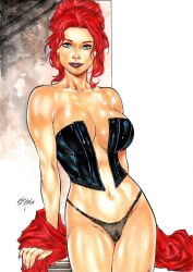 1girls big_breasts black_corset black_queen black_thong blue_eyes dominant_female dominatrix earrings ed_benes_studio hair_bun hellfire_club highleg highleg_panties highleg_thong highleg_thong_panties iago_maia jean_grey latex_corset marvel marvel_comics mutant no_bra red_eyebrows red_hair red_lips solo_female solo_focus tagme thighs thighs_together x-men