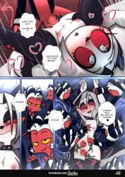 anthro collar comic english_text furry heart-shaped_pupils hellhound helluva_boss jizoku loona_(helluva_boss) moxxie_(helluva_boss) nipples page_48 patreon_username pleasure_face red_sclera rose_(flower) sex stockings thighhighs vaginal_penetration