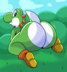 anthro big_ass big_nose big_thighs bubble_butt dinosaur facing_away femboy green_skin green_yoshi happy huge_ass jiggling_ass looking_at_viewer looking_back male_only mario_(series) nathanatwar nintendo orange_shoes shoes_only sitting smile smiling solo solo_male tail thick_thighs thighs whateverdoes white_ass wide_hips yoshi