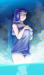 1girls abigail_(stardew_valley) bath light-skinned_female light_skin purple_hair quelconque solo solo_female spa stardew_valley towel water