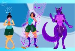 absurd_res after_transformation agron_u anthro ass big_butt big_penis blue_background canid canine canis dark dark_lips dark_nipples fan_character female fur genitals gynomorph hair hi_res human humanoid humanoid_genitalia intersex long_hair long_tail mammal penis purple_body purple_eyes purple_fur simple_background solo tall transformation wolf