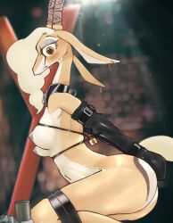 1girls 2018 antelope anthro areola armwear big_eyes blonde_hair blush bondage bondage_gear bound breasts clothing collar disney ear_piercing elbow_gloves female gazelle gazelle_(zootopia) gloves hair hi_res hogtied horn kneeling looking_at_viewer mammal medium_breasts nipples piercing side_view snk_(artist) solo zootopia