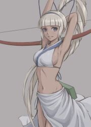 1girls archery armpits arms_behind_head big_breasts blue_eyes bow breasts busty dark-skinned_female female female_only grey_hair grin hair_ribbon hairbow highres large_breasts legs long_hair looking_at_viewer majikina_mina midriff navel parted_lips ponytail ribbon samurai_shodown sarong sideboob smile snk thighs very_long_hair