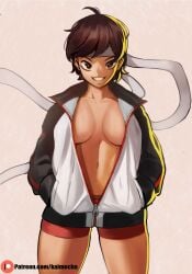 1girls big_breasts bike_shorts breasts brown_eyes busty capcom cleavage female female_only grin headband highres jacket kaimecha large_breasts legs looking_at_viewer navel sakura_kasugano short_hair smile solo sportswear street_fighter thighs tomboy unzipped very_short_hair voluptuous