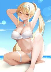 1girls alternate_hairstyle armpits arms_behind_head beach big_breasts bikini blonde_hair breasts busty daive feet female female_only highres large_breasts legs looking_at_viewer mythra mythra_(xenoblade) navel ocean ponytail sitting solo summer swimsuit thighs water xenoblade_(series) xenoblade_chronicles_2