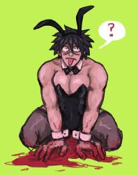 ? black_hair blood bowtie bunny_boy bunny_ears bunnysuit cleavage crazy_eyes crossdressing detached_collar facial_tattoo full_body green_background guro kengan_(series) kengan_ashura kneeling loutortue male male_only male_playboy_bunny meguro_masaki muscular muscular_male nylons pecs solo spiky_hair thighhighs tongue_out wrist_cuffs