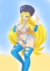 beach big_breasts blonde_hair condom hat heart-shaped_pupils kalinka_cossack kyle-v2 lactation long_hair mega_man mega_man(classic) mega_man_xover micro_bikini multiple_condoms peace_sign skimpy tagme thighhighs very_long_hair