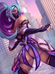 1girls akali ass ass_focus big_ass blue_hair butt_cheeks cheeks dat_ass earrings face_mask facemask female female_focus female_only huge_ass large_ass league_of_legends looking_at_viewer looking_back looks_back mask masked masked_female multicolored_hair no_pants over_shoulder over_the_shoulder panties pink_eyes pink_hair purple_hair riot_games solo solo_female solo_focus star_guardian star_guardian_akali star_guardian_series thick_ass thick_thighs thighs thong vile_jp