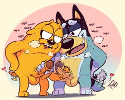 2boys adventure_time anthro australian_cattle_dog balls bandit_(bluey) bandit_heeler bluey_(series) canid canine canis cartoon_network cattledog crossover domestic_dog duo gay genitals handjob herding_dog hi_res jake_the_dog jerking_each_other_off male male/male male_only mammal pastoral_dog penile penis sex tail_motion tailwag topony