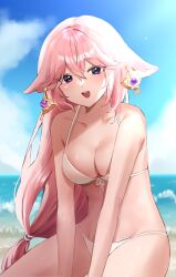 absurdres animal_ears armpit_crease bangs bare_legs bare_shoulders beach bikini blue_sky breasts cleavage collarbone crossed_bangs day earrings educk female floppy_ears fox_ears fox_girl genshin_impact glint gold_earrings groin hair_between_eyes highres jewelry large_breasts light_blush lips long_hair looking_at_viewer low_ponytail ocean open_mouth outdoors pink_hair purple_eyes raised_eyebrows sky smile solo stomach string_bikini summer swimsuit teeth thighs upper_teeth v_arms vision_(genshin_impact) waves white_bikini yae_miko