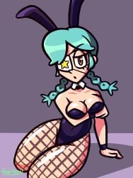 1girls annie_(skullgirls) breasts breasts bunny_ears bunnysuit eyepatch female female_only fishnets green_hair green_jacket_(artist) looking_at_viewer skullgirls solo solo_female thick_thighs twintails