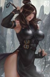 1girls armpits artist_name asymmetrical_bangs asymmetrical_hair avatar_the_last_airbender bangs big_breasts black_dress breasts brown_hair clothed clothes clothing deviantart dress elbow_gloves eyeshadow female gloves goth holding_whip june_(avatar) large_breasts leather_gloves long_hair mountain nature nopeys one_eye_covered outdoors pale-skinned_female pale_skin peek-a-boo_bang realistic rock side_bangs snow snowing solo tattoo text weapon whip winter