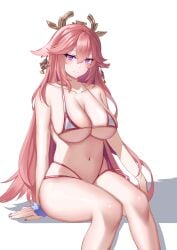 absurdres animal_ears arm_at_side bare_arms bare_legs bare_shoulders bikini breasts cleavage closed_mouth collarbone commentary commentary_request dot_nose earrings female fox_ears fox_girl genshin_impact hair_between_eyes hair_ornament highres japanese_clothes jewelry kaijiba knees_together_feet_apart large_breasts long_hair looking_at_viewer micro_bikini miko nail_polish navel pink_eyes pink_hair pink_nails shadow simple_background sitting smile solo string_bikini swimsuit symbol-only_commentary thighs very_long_hair white_background yae_miko