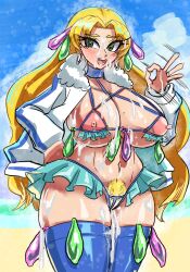 beach big_breasts blonde_hair blonde_pubic_hair blush bukkake condom cum cum_on_body female_pubic_hair handjob_gesture happy kalinka_cossack kyle-v2 long_hair mega_man mega_man(classic) mega_man_xover multiple_condoms pubic_hair public_nudity smile tagme thighhighs used_condom