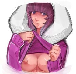 breasts clothing_lift female fur-trimmed_hood fur-trimmed_jacket fur_collar fur_hood fur_trim hood hood_up nana_(ice_climber) purple_hair sweater sweater_lift