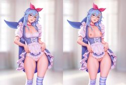 blue_hair breasts collar dress_lift glasses panties panty quilm stockings tagme