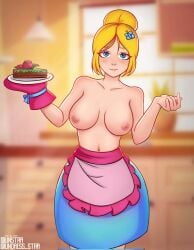 1girls areolae blonde_hair blue_dress blue_eyes brawl_stars breasts cake dress female female_only half-dressed kitchen looking_at_viewer medium_breasts picket_fences_(series) piper_(brawl_stars) smiling_at_viewer tagme topless undress_star