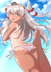 1girls amatsukaze_(kantai_collection) ass cloud embarrassed female fuji_(pixiv24804665) hair_tubes highres kantai_collection long_hair looking_at_viewer looking_back panties sky tan tanlines topless twintails underwear white_hair yellow_eyes