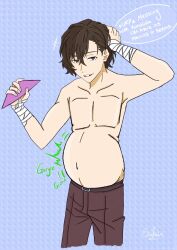 1boy armpits background bandage belly big_belly bloated bloated_belly brown_eyes brown_hair bsd bungo_stray_dogs bungou_stray_dogs dazai_osamu doppo_kunikida handsome kunikida_doppo male male_only no_shirt pale_skin pants smile smiling_at_viewer stomach_noises struggling stuffed stuffed_belly tagme text_bubble vore