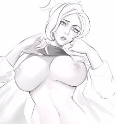 angela_ziegler black_and_white breasts breasts_out card doctor doctor_id keycard lab_coat labcoat lifting_shirt lifting_up mercy name_tag nipples overwatch ponytail showing_breasts vile_jp