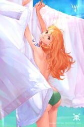 1girls ass big_ass brown_eyes bubble_butt curvy dat_ass female female_only green_panties laundry long_hair looking_at_viewer looking_back nami one_piece orange_hair panties post-timeskip sheets smile solo topless yellow70377686