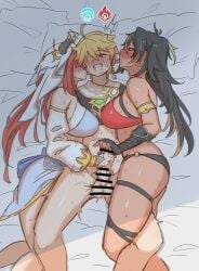 2girls1boy aether_(genshin_impact) akazuan_19 big_breasts blonde_hair blush close_to_bursting closed_eyes dark-skinned_female dark_hair dark_skin dehya_(genshin_impact) dominant_female double_handjob ffm_threesome fingerless_gloves game_mechanics genshin_impact glansjob gloved_handjob gritted_teeth handjob leglock licking_ear light-skinned_female light-skinned_male light_skin nilou_(genshin_impact) palming red_hair sandwiched thick_thighs threesome