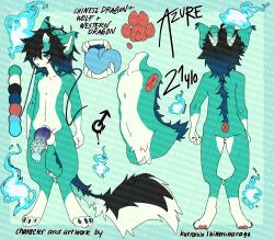 absurd_res anthro asian_mythology azuremyrnes balls canid canine canis claws dragon east_asian_mythology eastern_dragon fluffy fluffy_tail fur genitals hair hi_res horn kitteninacage male mammal mythology nude pawpads penis scalie simple_background slim solo tongue western_dragon wolf