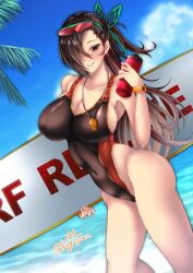 1girls absurdres alternate_costume black_one-piece_swimsuit black_swimsuit bottle breasts butterfly_hair_ornament cleavage eyewear_on_head female female female_only fire_emblem fire_emblem_fates hair_ornament hair_over_one_eye highleg highleg_swimsuit highres kagero_(fire_emblem) kuga_zankurou large_breasts lifeguard long_hair nintendo ocean one-piece_swimsuit palm_tree smile solo surfboard swimsuit tree twitter_username water_bottle whistle whistle_around_neck