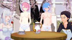 blush breasts emilia_(re:zero) knockwolf koikatsu natsuki_subaru panties ram_(re:zero) re:zero_kara_hajimeru_isekai_seikatsu rem_(re:zero) table teacup teapot topless