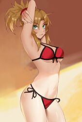 1girls armpit big_breasts big_thighs bikini blonde_hair breasts fate/grand_order fate_(series) female female_only green_eyes huge_thighs kisou large_thighs mordred_(fate) mordred_(swimsuit_rider) navel solo solo_female stretching swimsuit thick_thighs thighs voluptuous