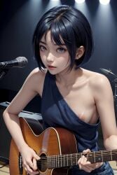 1girls accidental_exposure ai_generated blue_hair guitar nip_slip nipples public_nudity realistic short_hair small_breasts solo wardrobe_malfunction