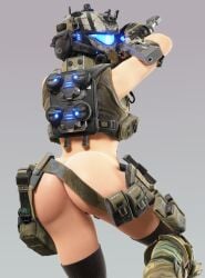 1girls ass back_view belt helmet highres llamasarepink pilot_(titanfall) pistol pose pulse_blade_pilot thighhighs thighs titanfall titanfall_2