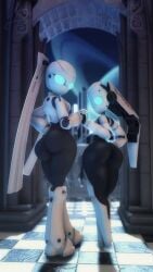 2girls adriandustred ass big_ass blue_eyes breasts city drossel_von_flugel female female_only fireball_(series) glowing_eyes hand_holding holding_hands looking_at_viewer looking_back multiple_girls pillar robot robot_girl space tagme thick_thighs wide_hips