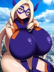 1girls 2d big_breasts blonde_female blonde_hair breast breasts breasts_bigger_than_head giantess hero hero_outfit_(mha) heroine huge_butt latex latex_bodysuit latex_clothing latex_suit looking_at_viewer mount_lady my_hero_academia orange_latex pink_eyes purple_latex white_latex yuu_takeyama