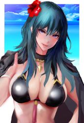 alternate_costume bikini black_bikini black_swimsuit blue_eyes blue_hair breasts byleth_(fire_emblem) byleth_(fire_emblem)_(female) byleth_(summer)_(fire_emblem)_(female) female female_only fire_emblem fire_emblem:_three_houses fire_emblem_heroes jack_(kairuhaido) nintendo official_alternate_costume outdoors solo swimsuit